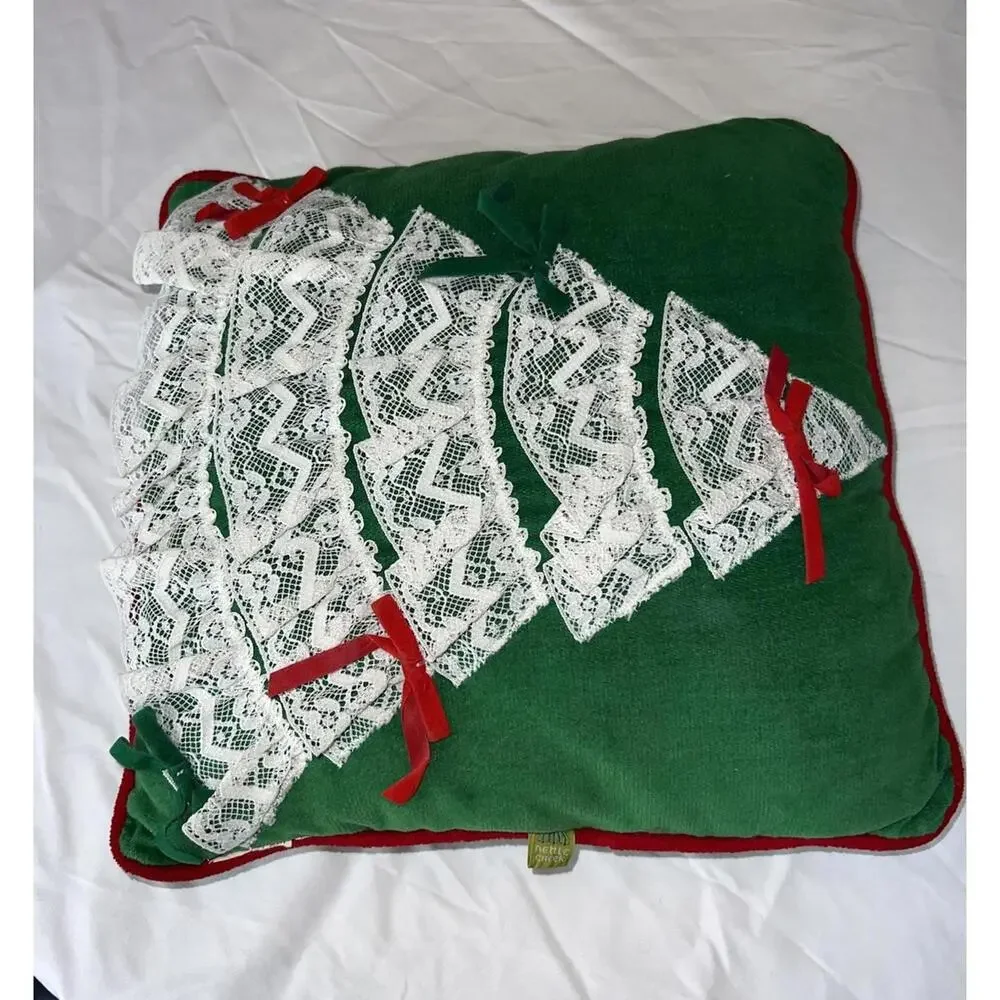VTG 1980s Nettle Creek Holiday Throw Pillow Lace Christmas Tree Red Trim 13 x 13